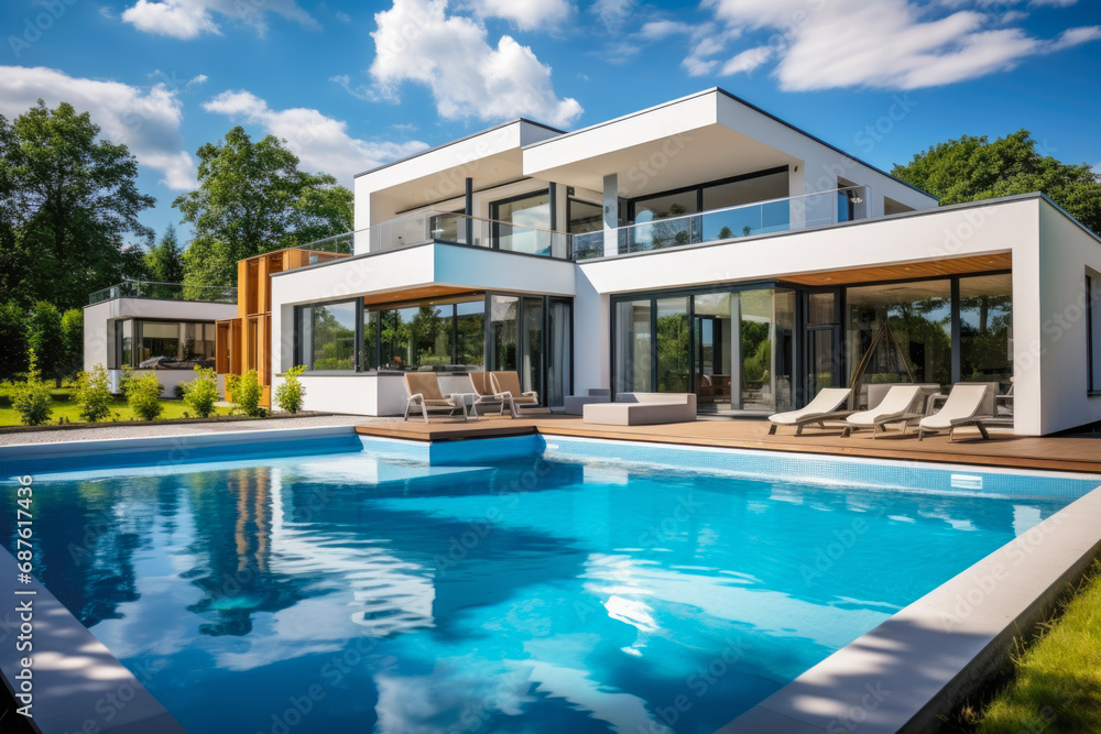 Stunning prefabricated house, where an integrated swimming pool seamlessly blends into the living space. The sleek design and expansive windows create an oasis of relaxation and recreation.