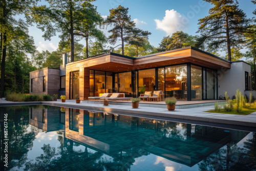 Stunning prefabricated house, where an integrated swimming pool seamlessly blends into the living space. The sleek design and expansive windows create an oasis of relaxation and recreation. © Microgen