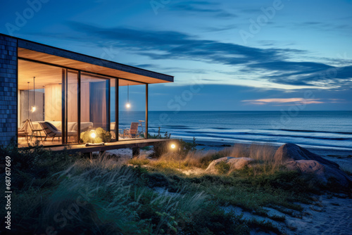 Modern house with expansive windows providing a front-row seat to the mesmerizing beauty of the moonlit ocean, creating an ambiance of serenity and peace.