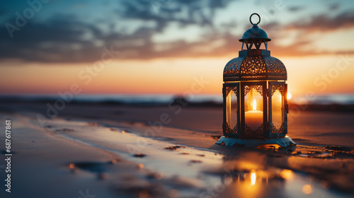 Ornamental Arabic lantern with burning candle glowing on sand. Festive greeting card, invitation for Muslim holy month Ramadan Kareem. photo