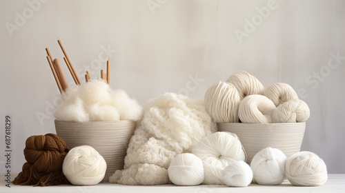 Colorful balls of wool on wooden table. Variety of yarn balls photo