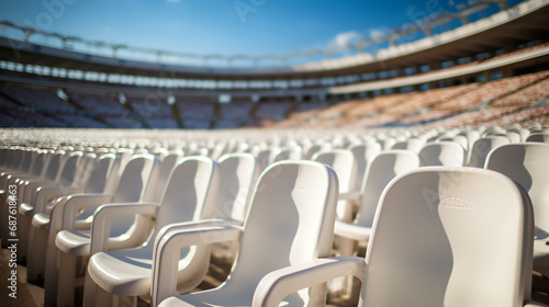 Empty stadium with white chairs in tribune