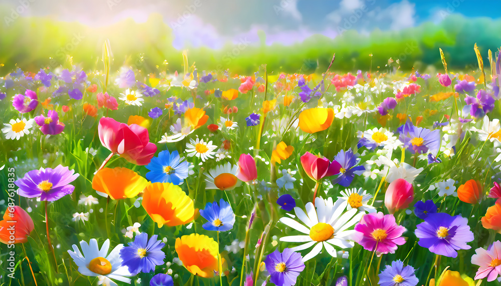 Vibrant Spring Flowers in Sunlit Meadow: Colorful Blossom Extravaganza