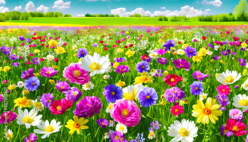 Vibrant Spring Flowers in Sunlit Meadow: Colorful Blossom Extravaganza