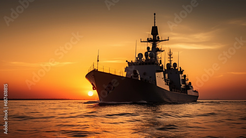 The military ship on sea at sunrise.