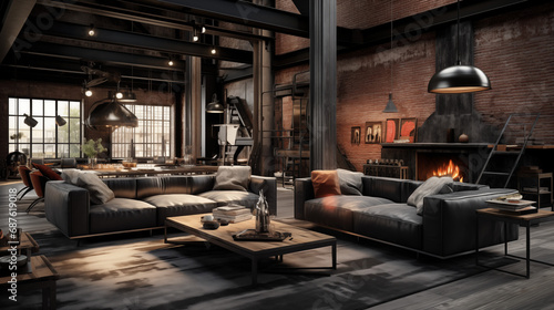 Luxurious Loft-Style Living Room with Fireplace
