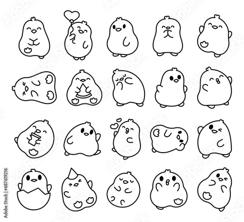 Cute little kawaii baby chicken. Coloring Page. Kawaii chicks in different poses. Cartoon characters. Hand drawn style. Vector drawing. Collection of design elements.