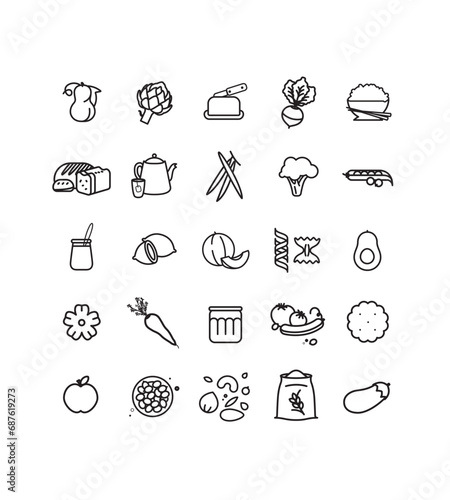 collection de symboles, aliments, vegan, panier du jardin, picto vectoriel, dessin, fruits, légumes, aliments, jardin biologique, circuit-court, maraîcher, potager, 