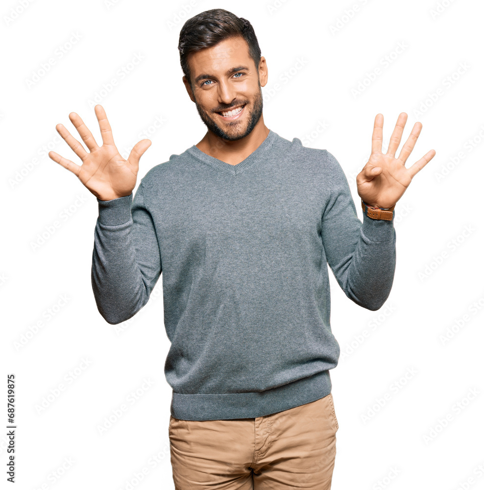 Handsome hispanic man wearing casual clothes showing and pointing up with fingers number nine while smiling confident and happy. Handsome hispanic man wearing casual clothes showing and pointing up with fingers number nine while smiling confident and happy.