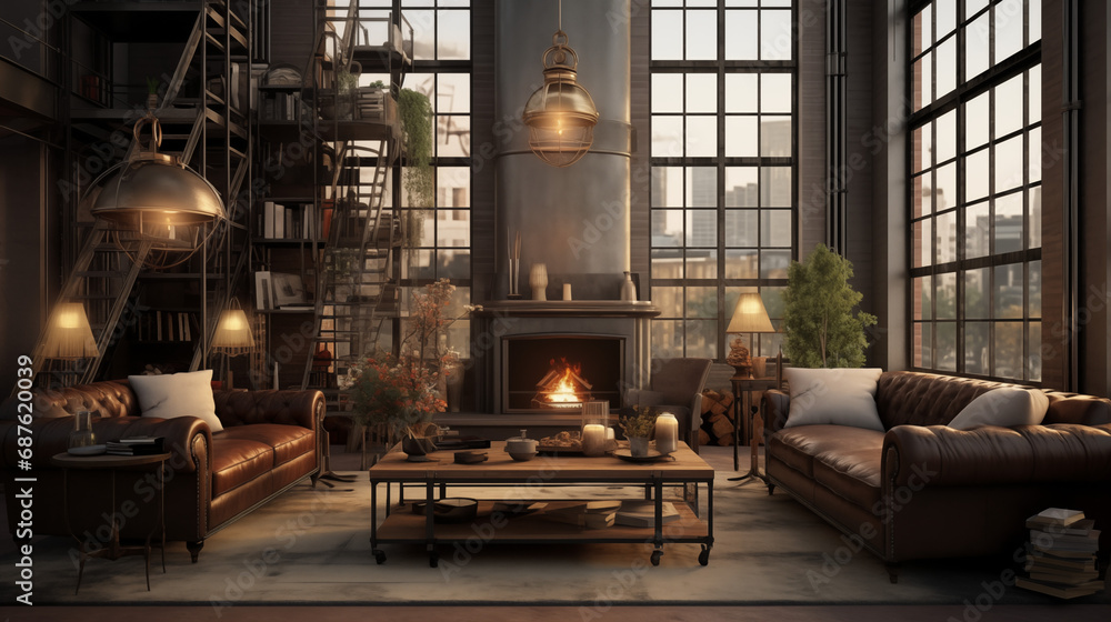 Elegant Industrial Loft Living Room with Towering Windows and Fireplace Elegant Industrial Loft Living Room with Towering Windows and Fireplace
