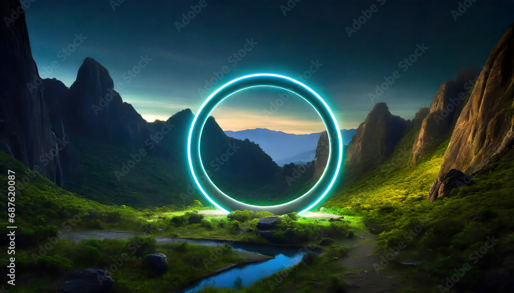 Glowing mystical round circle shaped frame portal in mountainous landscape - obrazy, fototapety, plakaty 