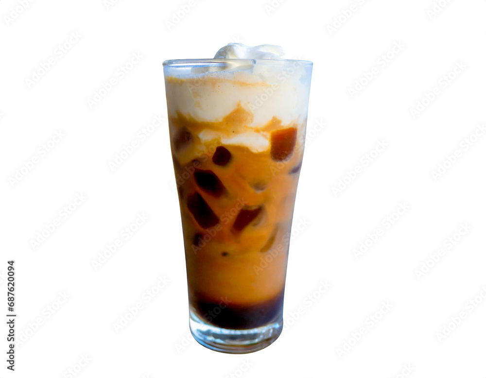 Iced coffee with cream in glass isolated on white background, cutout Iced coffee with cream in glass isolated on white background, cutout