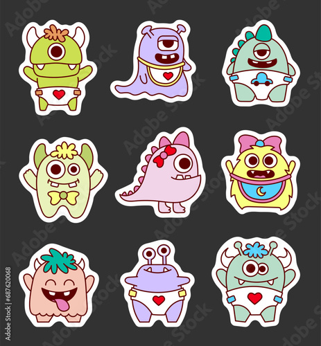 Cute kids monster. Sticker Bookmark. Cartoon kawaii scary funny baby character. Hand drawn style. Vector drawing. Collection of design elements.