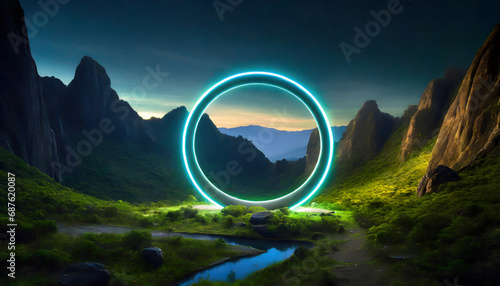 Glowing mystical round circle shaped frame portal in mountainous landscape photo