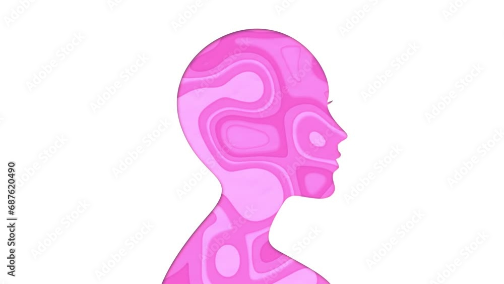 Animated card with pink profile of a bald young woman. Paper cut animation Animated card with pink profile of a bald young woman. Paper cut animation