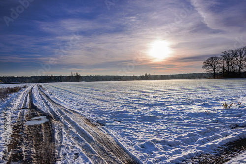 Zimowy poranek wśród pól uprawnych. Ziemię pokrywa warstwa białego śniegu. Na lekko zachmurzonym niebie świeci słońce, nad ziemią unosi się lekka mgła. © boguslavus