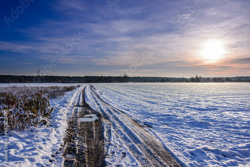 Zimowy poranek wśród pól uprawnych. Ziemię pokrywa warstwa białego śniegu. Na lekko zachmurzonym niebie świeci słońce, nad ziemią unosi się lekka mgła. photo