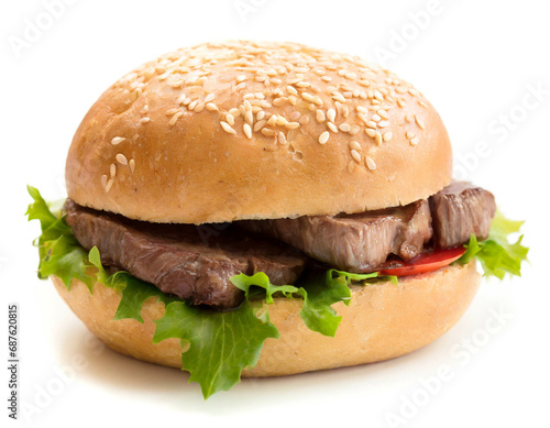 Steak in bun isolated on white background; Cutout 