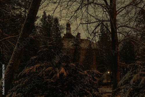 Pałac w parku zimą wśród drzew i krzewów są one pokryte warstwą śniegu, który pokrywa również ziemię. Jest noc, pałac jest skryty w mroku oświetlony nikłym światłem pobliskich latarni.