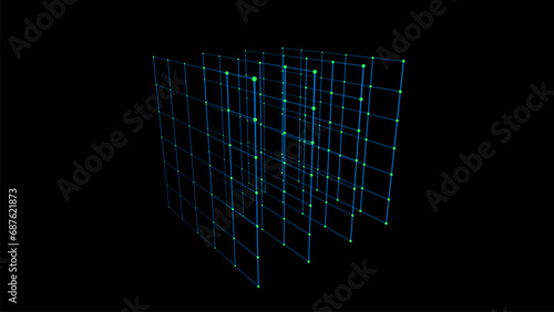 Abstract blue cube on black background. Wireframe square structure with glowing particles and lines. Futuristic digital illustration. Vector illustration.