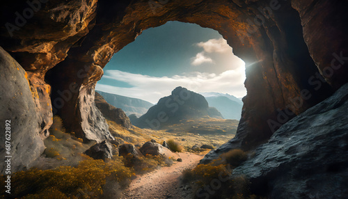 View from a cave in a mystical mountainous landscape photo