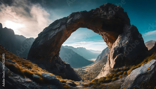 Circular rock formation in a mystical mountainous landscape photo