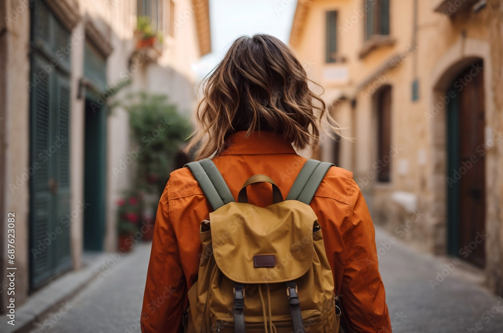 Solo woman traveller from behind walking at the european old street, famous destination landmark. Back view of a young traveling female person with backpack exploring historic city center in europe. Solo woman traveller from behind walking at the european old street, famous destination landmark. Back view of a young traveling female person with backpack exploring historic city center in europe.