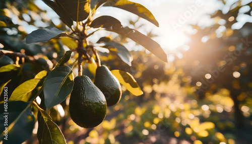 Avocados hanging from tree , warm sunlight