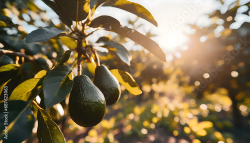 Avocados hanging from tree , warm sunlight photo