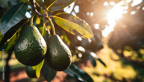 Avocados hanging from tree , warm sunlight