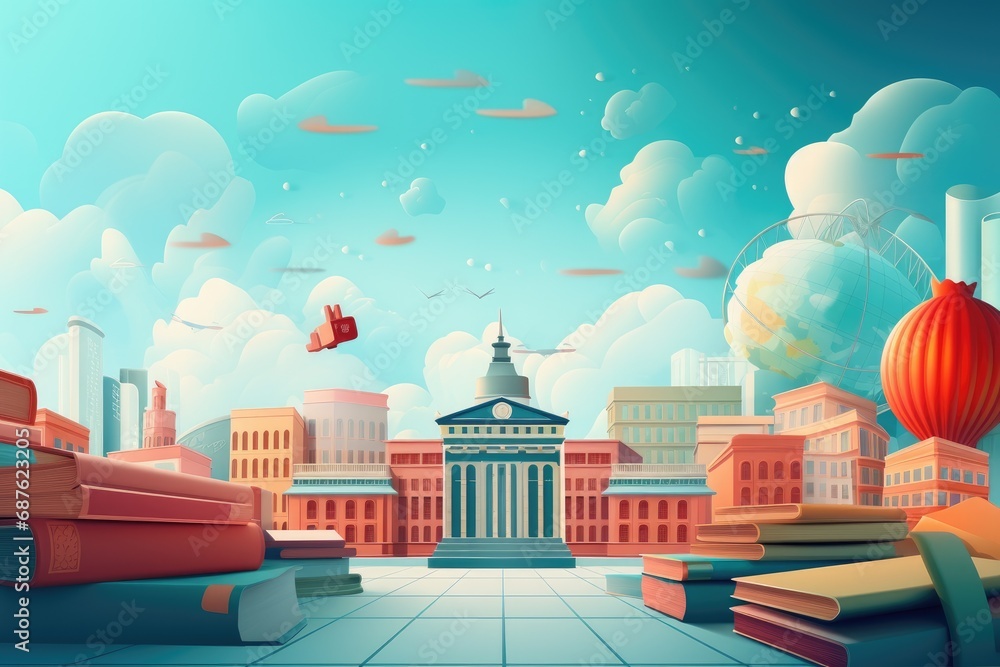 Illustration of United States Capitol in Washington DC with a lot of books, Back to school education banner background, AI Generated