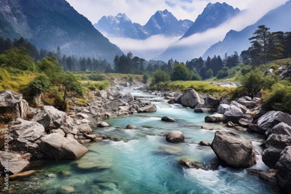 Beautiful mountain landscape with a river flowing through it in the mountains, Baishui River also known as Baishui Tai, AI Generated Beautiful mountain landscape with a river flowing through it in the mountains, Baishui River also known as Baishui Tai, AI Generated