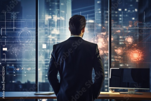 Back view of young businessman looking at business hologram on city background, Back view of a businessman working with a virtual panel and infographs in the background, AI Generated photo