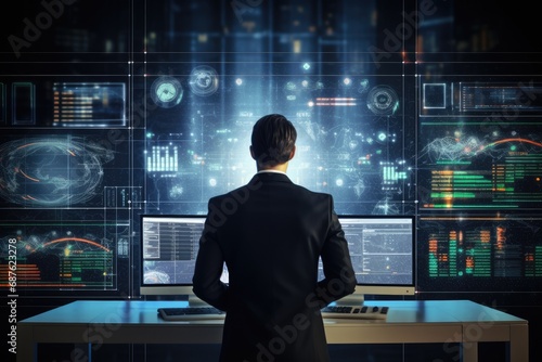 Rear view of businessman looking at graphs and diagrams on media screen, Back view of a businessman working with a virtual panel and infographs in the background, AI Generated