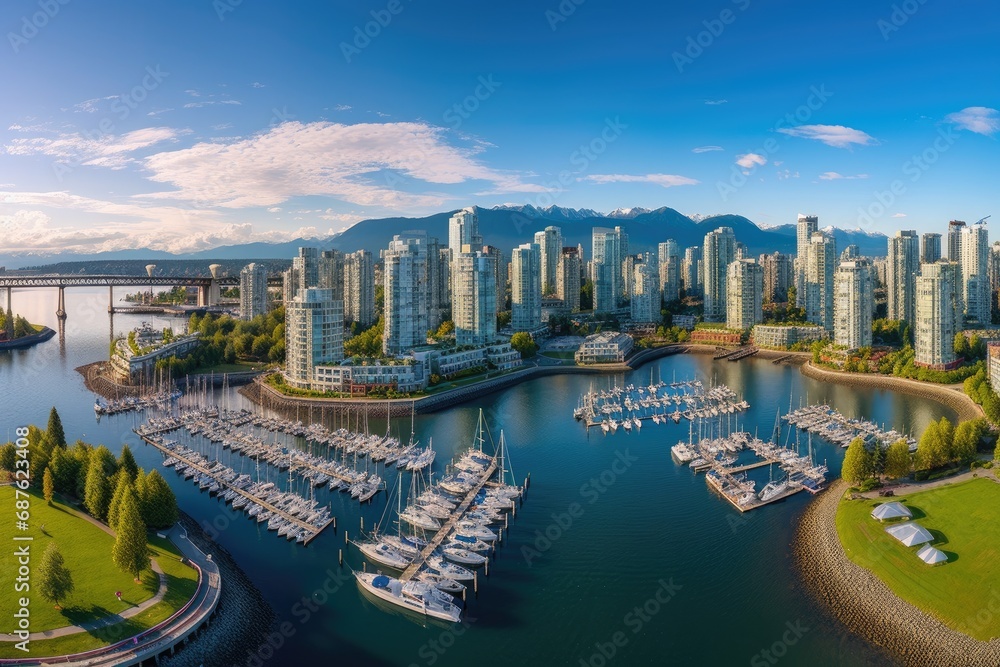 Aerial view of luxury yachts and boats in Vancouver, British Columbia, Canada, Aerial Panorama of Downtown City at False Creek, Vancouver, British Columbia, Canada, AI Generated