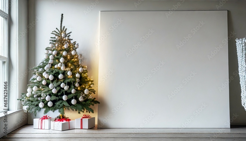 minimalistic light christmas interior with a white blank empty wall and a decorated christmas tree on the side creative banner greeting card happy new year mockup