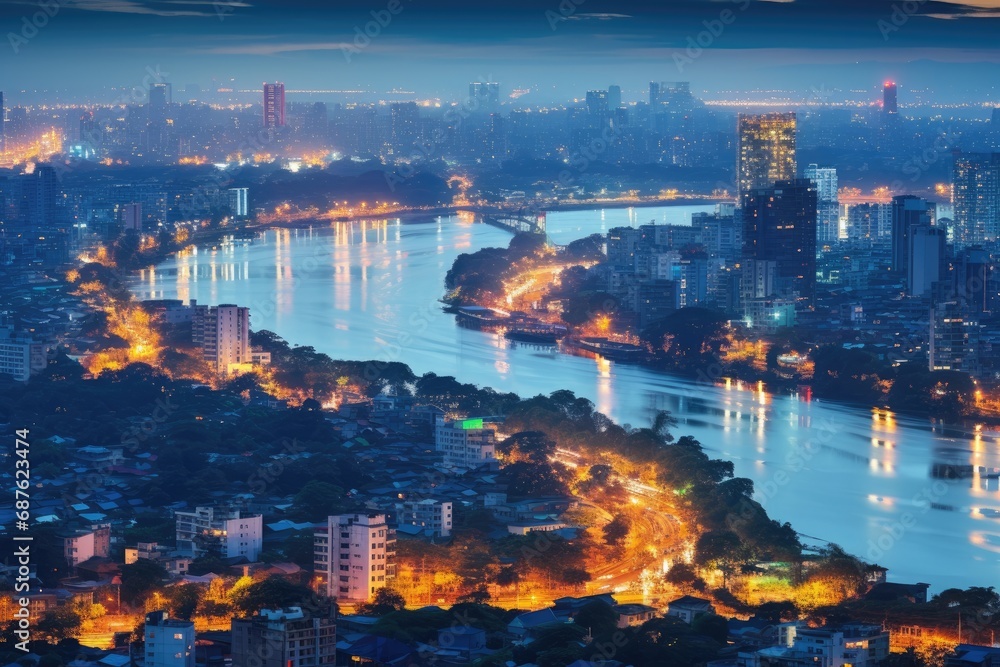 Bangkok cityscape with Chao Phraya River at twilight, Thailand, Aerial skyline view of Hanoi, Hanoi cityscape at twilight, AI Generated