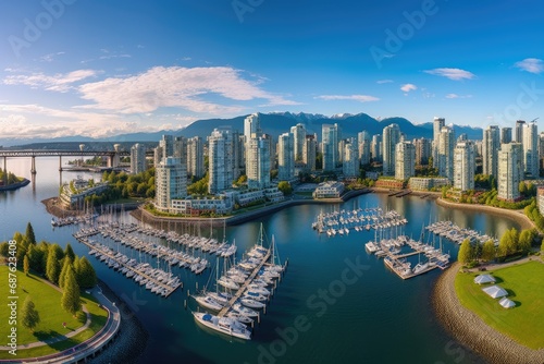Aerial view of luxury yachts and boats in Vancouver, British Columbia, Canada, Aerial Panorama of Downtown City at False Creek, Vancouver, British Columbia, Canada, AI Generated photo