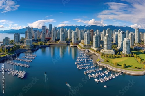 Aerial view of Vancouver, British Columbia, Canada. Vancouver is the capital and largest city of British Columbia, Aerial Panorama of Downtown City at False Creek, Vancouver, AI Generated