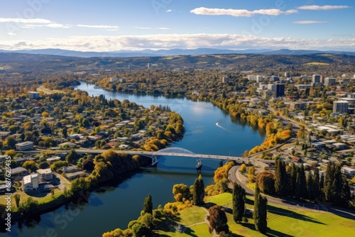 Aerial view of Danube river and cityscape in autumn, Austria, Aerial drone panoramic view looking at Victoria Bridge over the Waikato River as it traverses the city of Hamilton, AI Generated photo