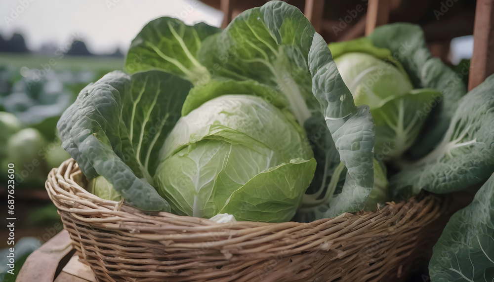 Freshly picked cabbages in basket on farm Freshly picked cabbages in basket on farm