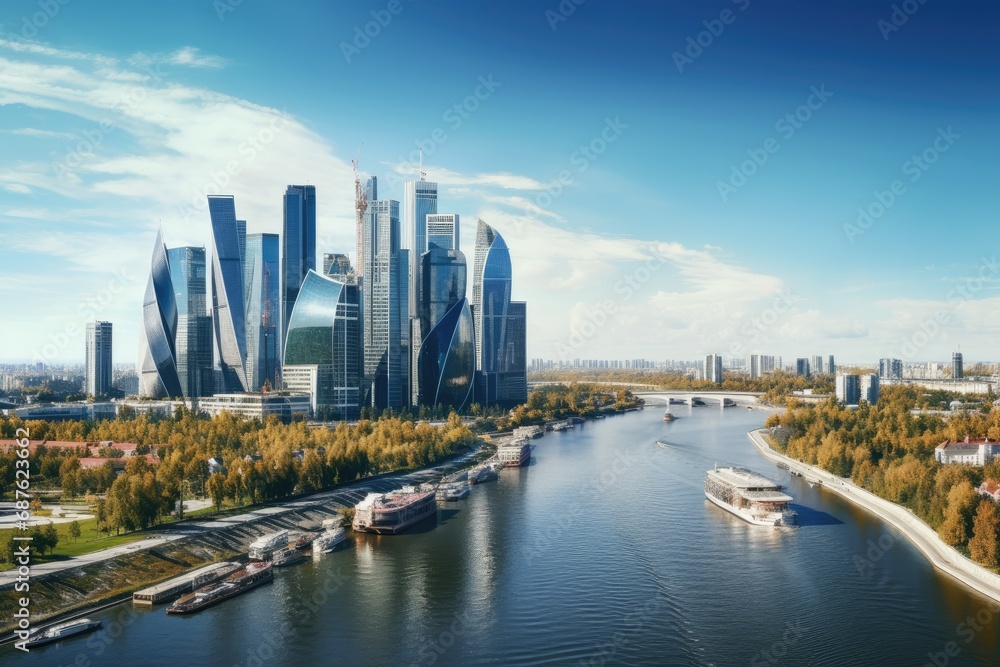Aerial view of Moscow cityscape with skyscrapers and river, Aerial view of Moscow City with the Moscow River, Russia, AI Generated