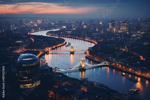 Aerial view of London skyline at night with Tower Bridge, UK, Aerial view of London and the River Thames, AI Generated © Ifti Digital