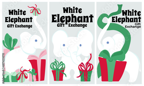 White Elephant Gift Exchange, card or flyer design for traditional holiday game