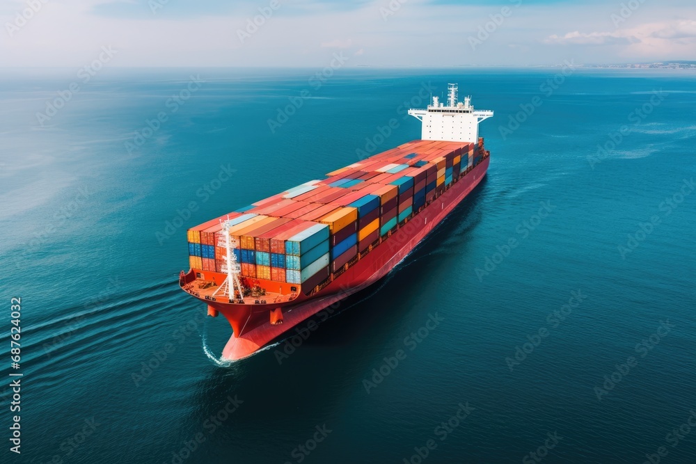 Aerial view of container ship in sea. Freight transportation concept, Aerial view of a container ship or cargo shipping business logistic import and export freight transportation, AI Generated