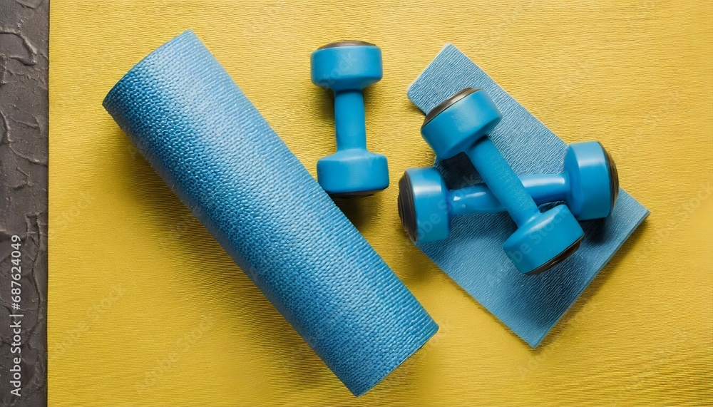 top view of blue fitness mat with dumbbells on yellow background panoramic shot top view of blue fitness mat with dumbbells on yellow background panoramic shot