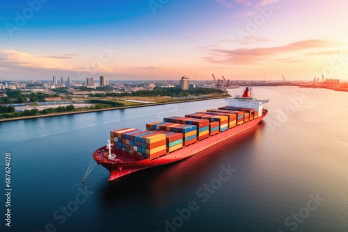 Container Cargo freight ship with working crane bridge at sunset for Logistic Import Export background, Aerial view of a container ship or cargo shipping business logistic import, AI Generated