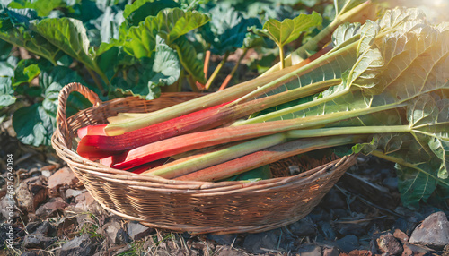 Freshly picked rhubarb in basket on farm