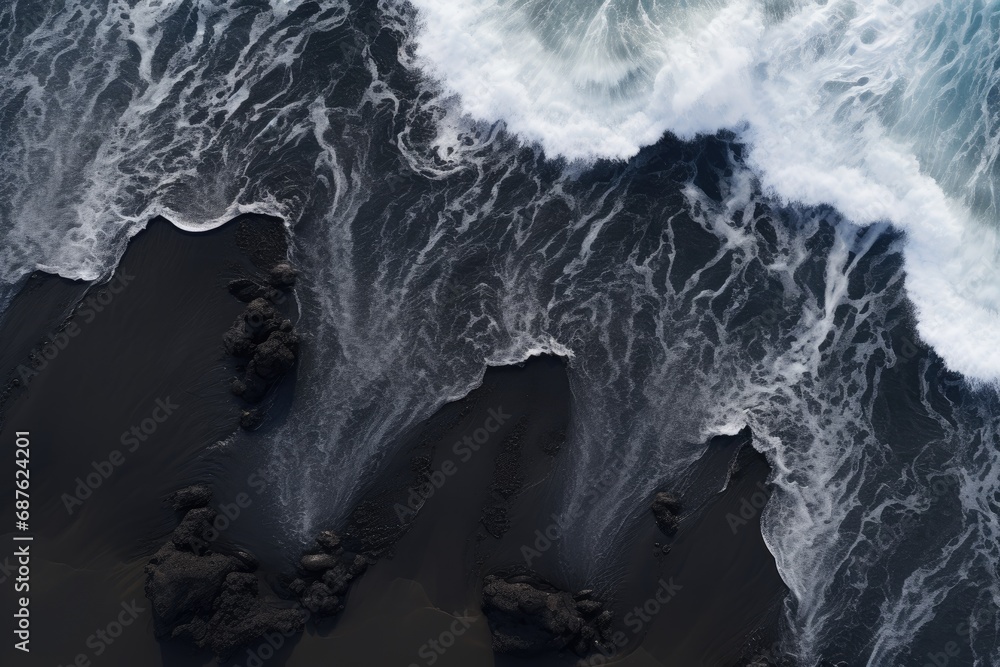 Aerial view of black sand beach and ocean waves in Iceland, Aerial view of waves on the black sand beach, AI Generated