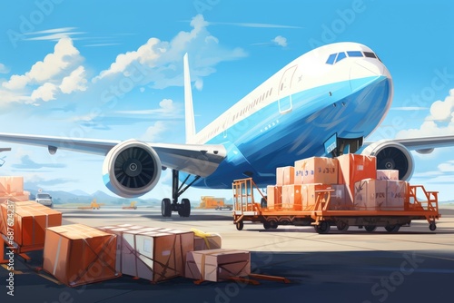 Airplane in the cargo terminal. 3d illustration. High resolution  Airplane cargo transportation by plane  unloading containers of boxes at the airport  AI Generated